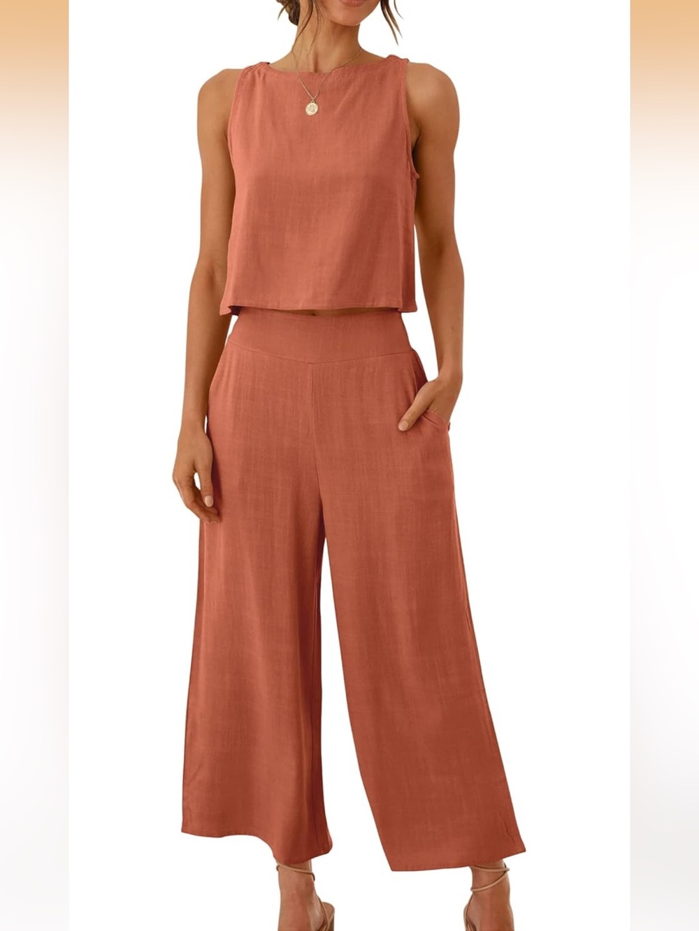 Terracotta Linen Button-Back Tank and Wide Leg Pant Set - Picture 2 of 16